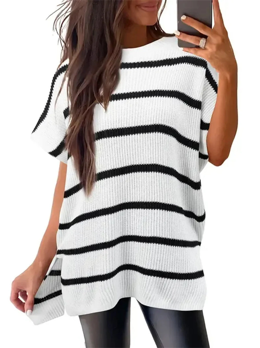 Women's Round Neck Batwing Sleeve Side Slit Oversized Knit Top