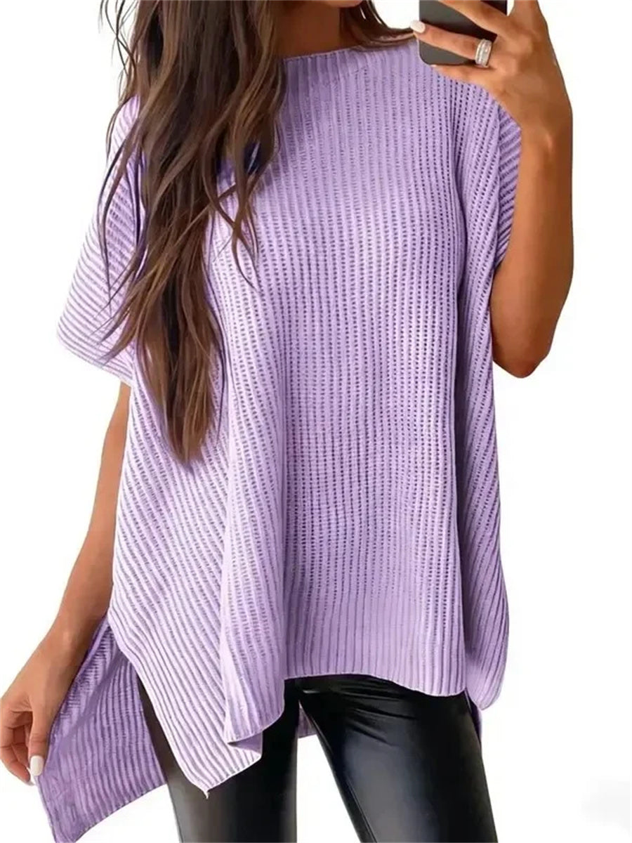 Women's Round Neck Batwing Sleeve Side Slit Oversized Knit Top