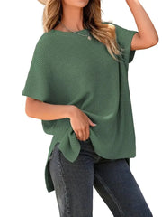 Women's Round Neck Batwing Sleeve Side Slit Oversized Knit Top