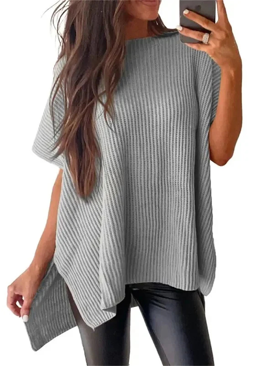 Women's Round Neck Batwing Sleeve Side Slit Oversized Knit Top