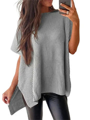 Women's Round Neck Batwing Sleeve Side Slit Oversized Knit Top