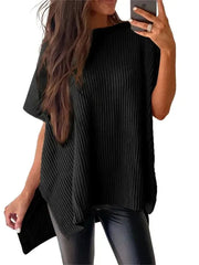 Women's Round Neck Batwing Sleeve Side Slit Oversized Knit Top