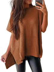 Women's Round Neck Batwing Sleeve Side Slit Oversized Knit Top