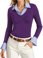 Women's Mock Two Piece Striped Collar Long Sleeve Top