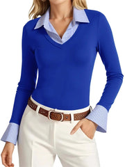 Women's Mock Two Piece Striped Collar Long Sleeve Top