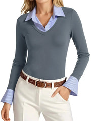 Women's Mock Two Piece Striped Collar Long Sleeve Top