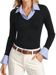 Women's Mock Two Piece Striped Collar Long Sleeve Top