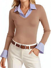 Women's Mock Two Piece Striped Collar Long Sleeve Top