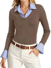 Women's Mock Two Piece Striped Collar Long Sleeve Top