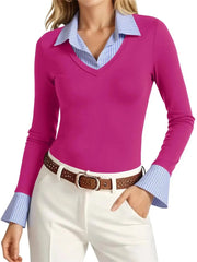 Women's Mock Two Piece Striped Collar Long Sleeve Top