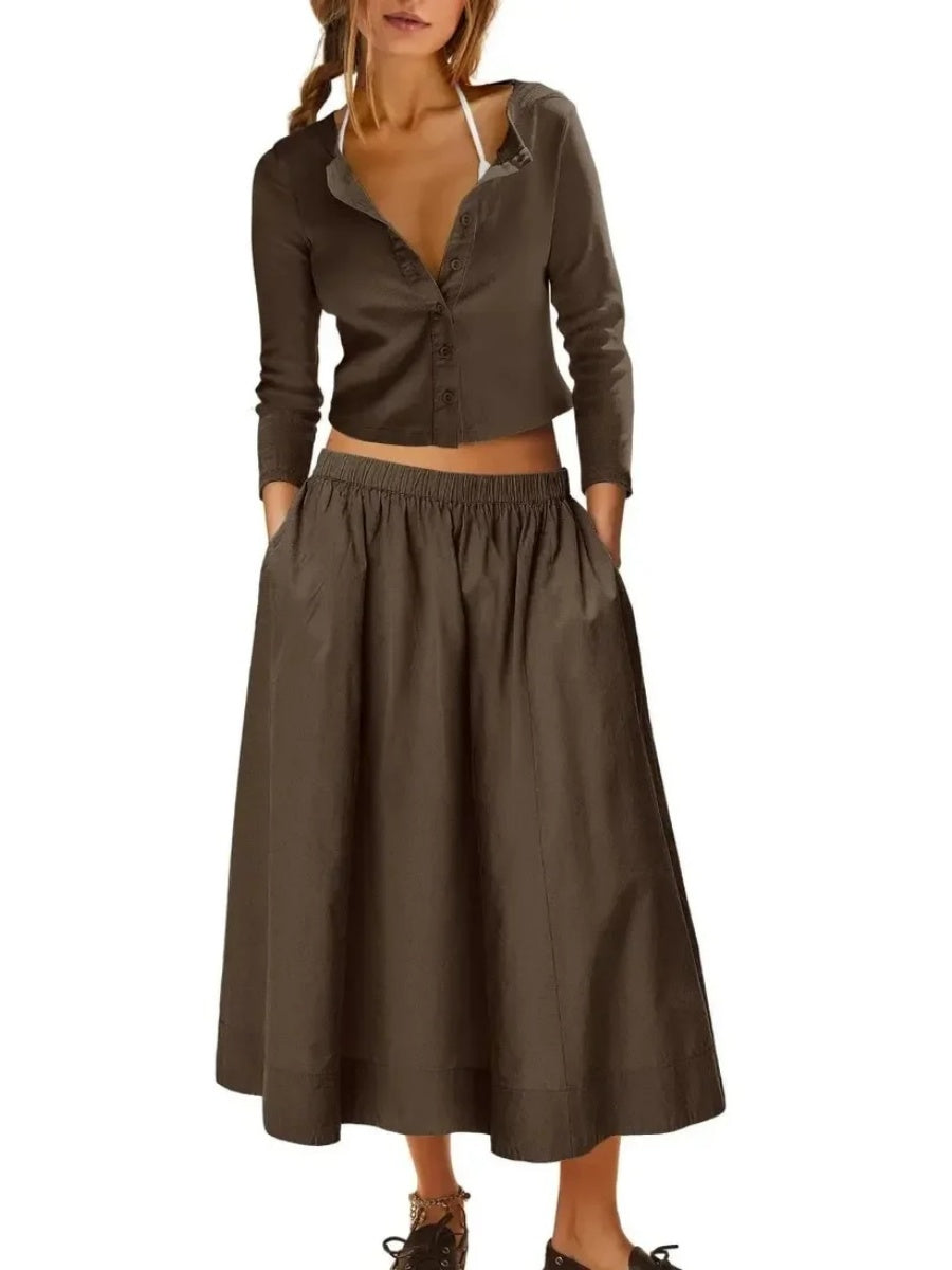 Women's Long Sleeve Crop Top Flowy Midi Skirt Two Piece Outfit