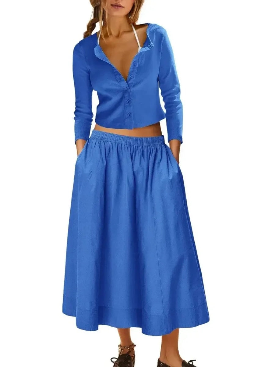 Women's Long Sleeve Crop Top Flowy Midi Skirt Two Piece Outfit