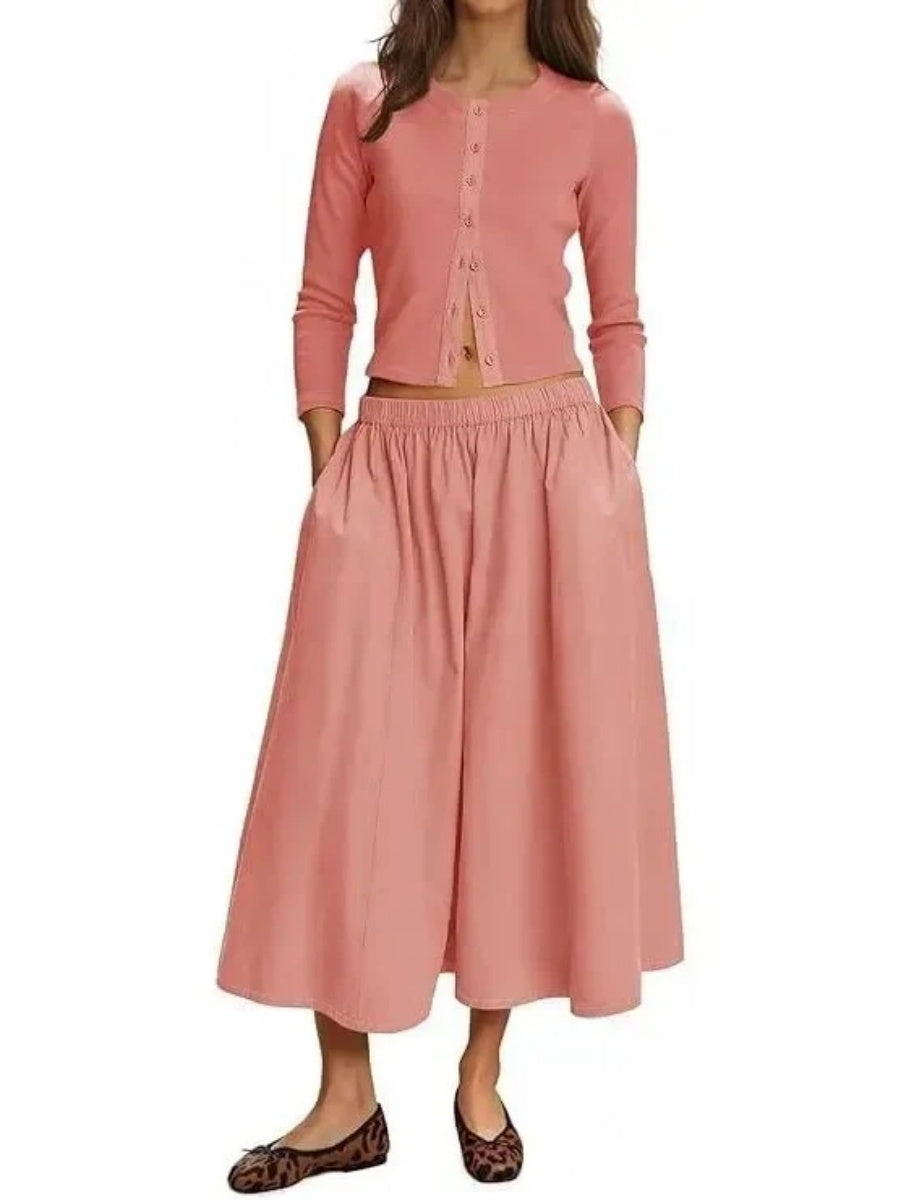 Women's Long Sleeve Crop Top Flowy Midi Skirt Two Piece Outfit