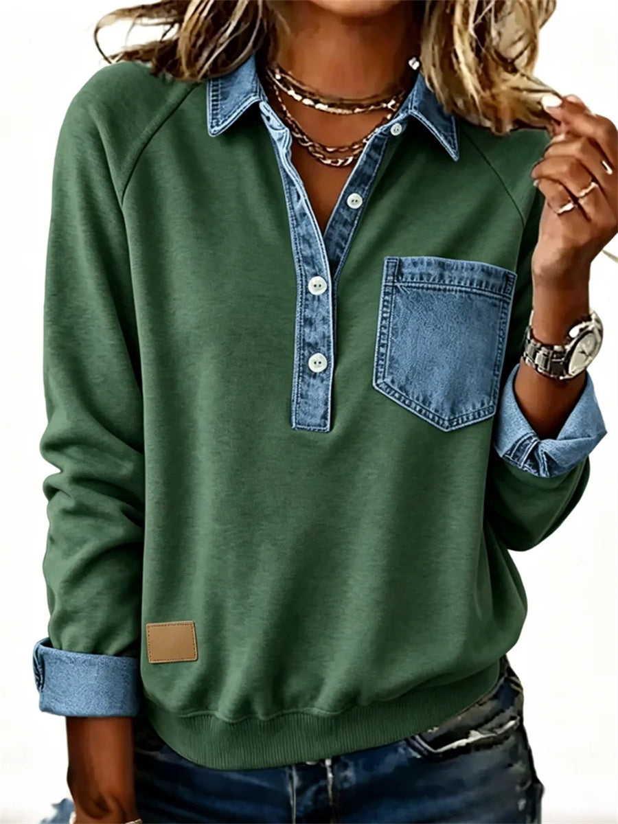 Women's Denim Patchwork Collar Henley Sweatshirt