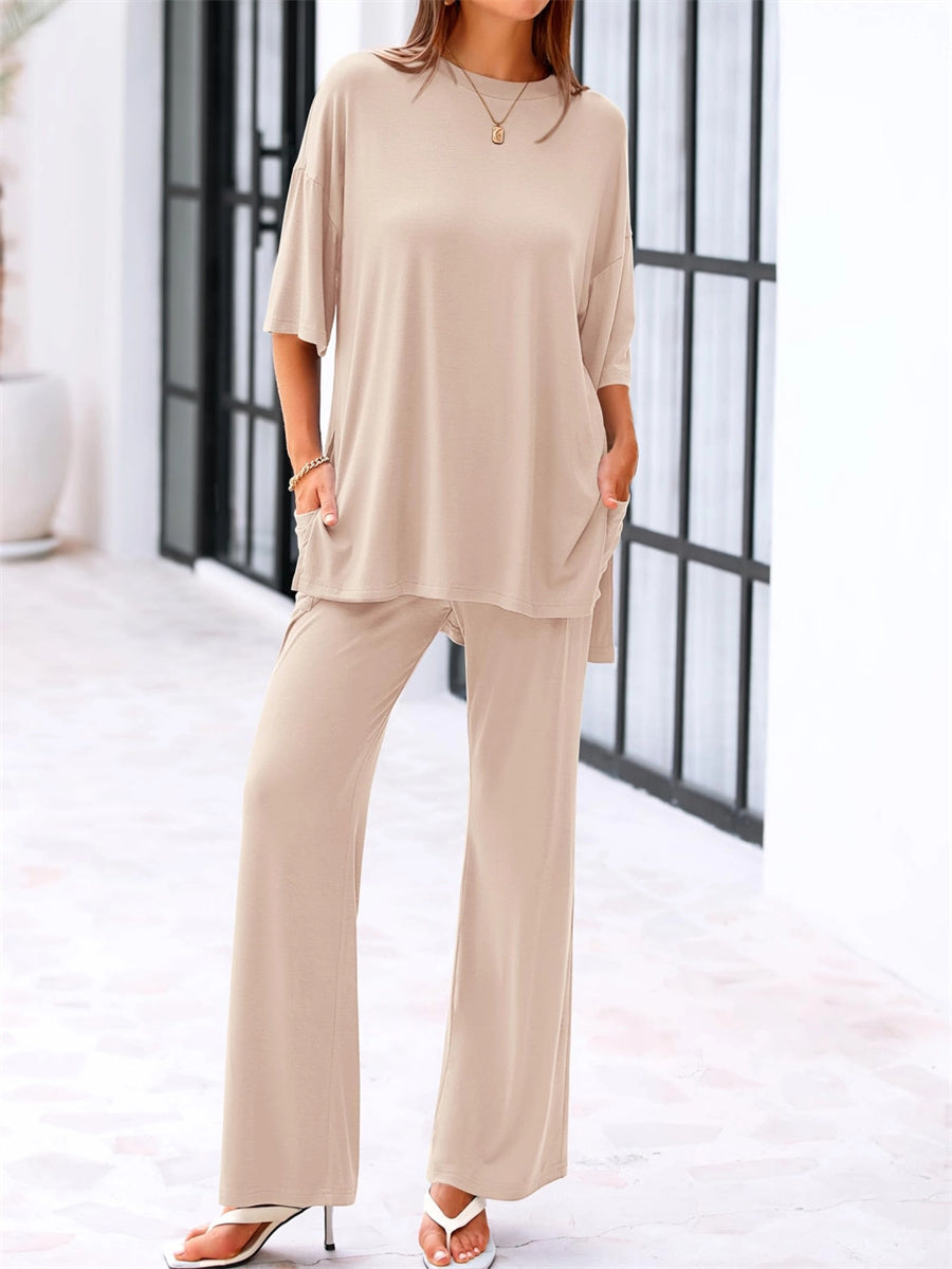 Women's Casual Loose-Fit Pockets Short Sleeve Top & Wide-Leg Pants 2-Piece Set