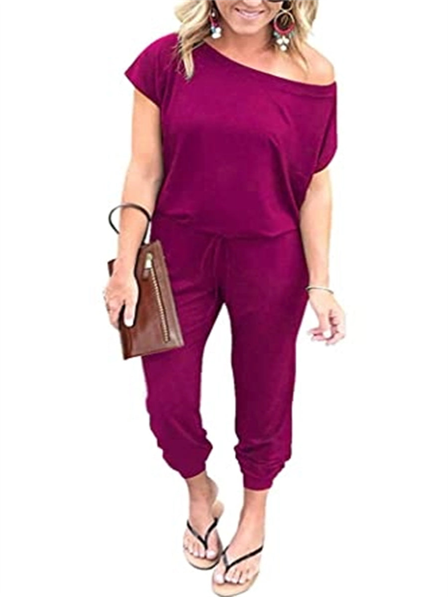 Women's Off Shoulder Elastic Waist Stretchy Long Romper Jumpsuit