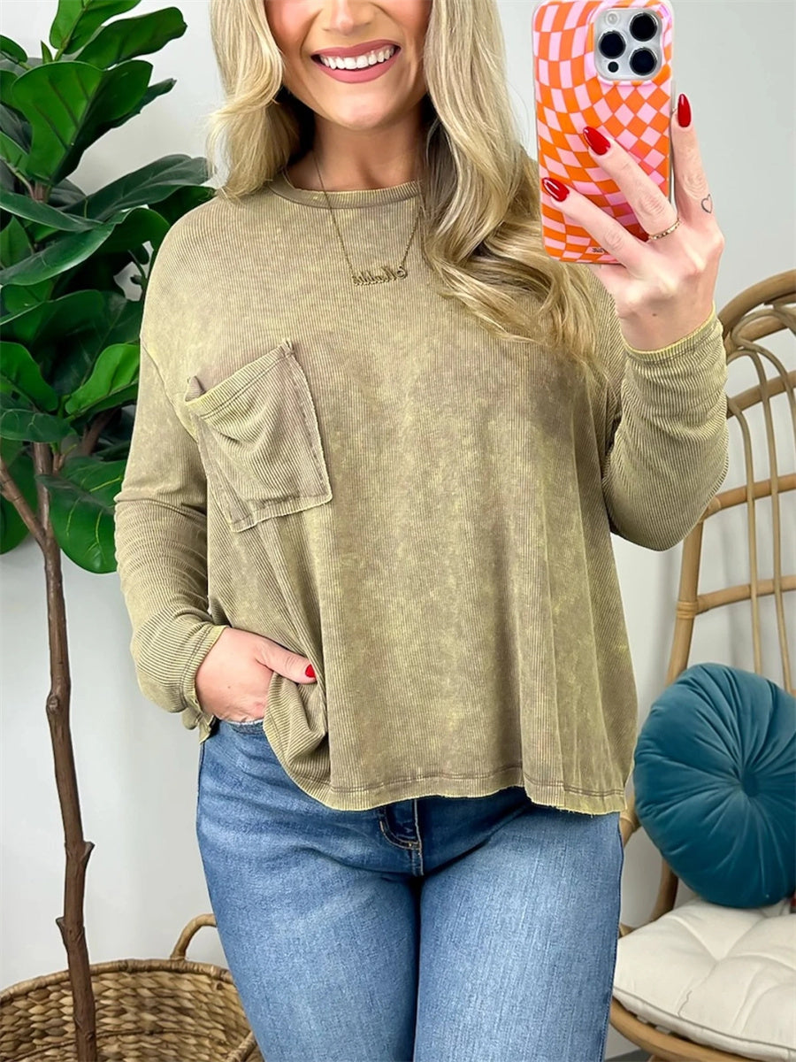 Women's Washed Dolman Long Sleeve Pocket Top