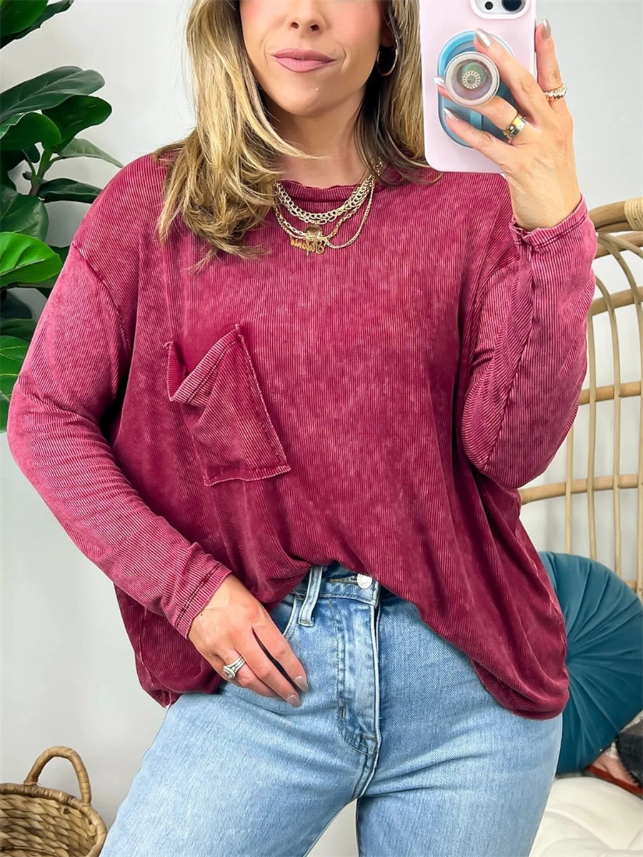 Women's Washed Dolman Long Sleeve Pocket Top
