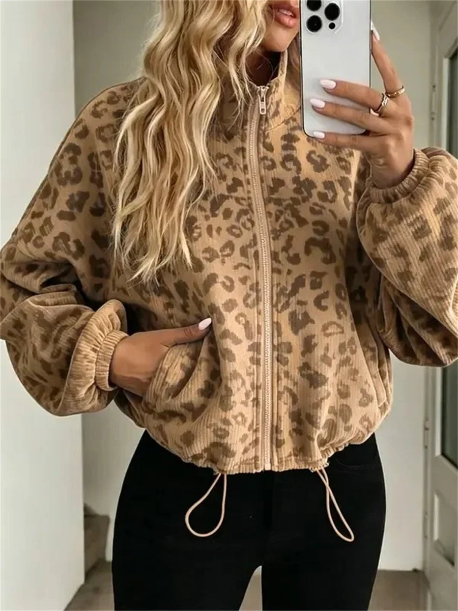 Women's Leopard Print Corduroy Cropped Jacket