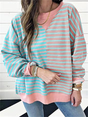 Women's Oversized Striped Color Block Crewneck Sweatshirt