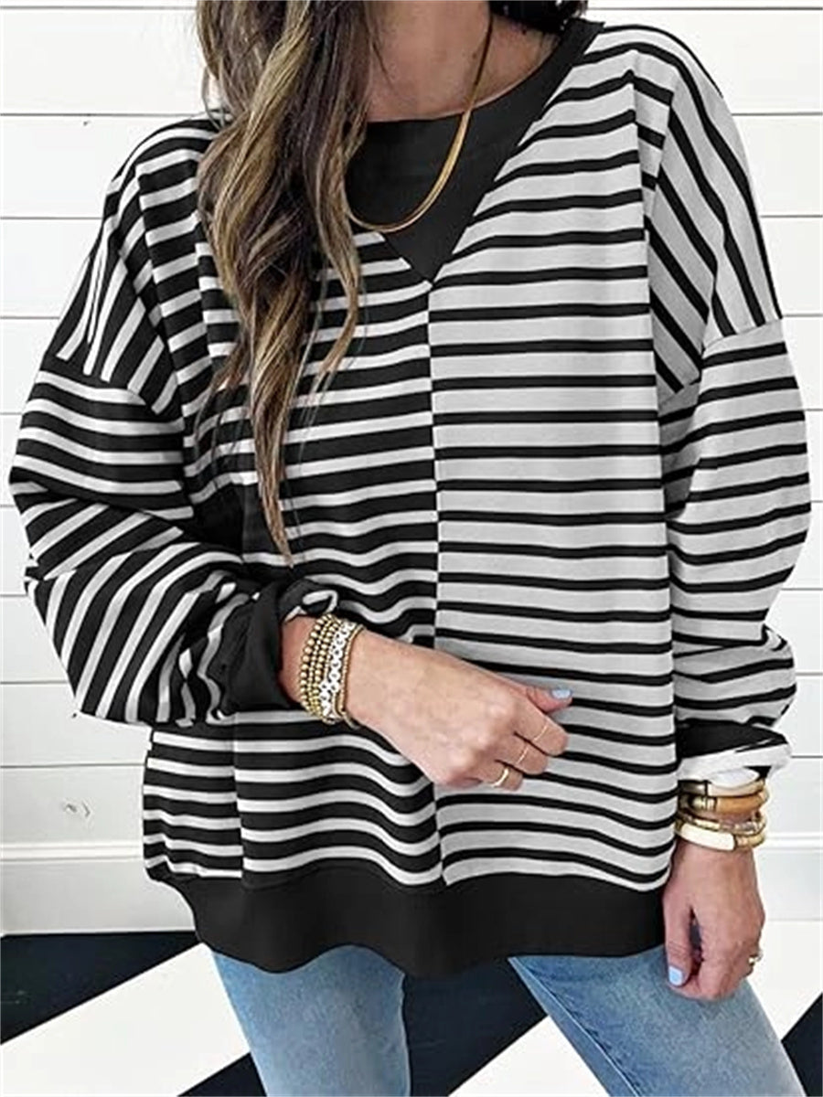 Women's Oversized Striped Color Block Crewneck Sweatshirt
