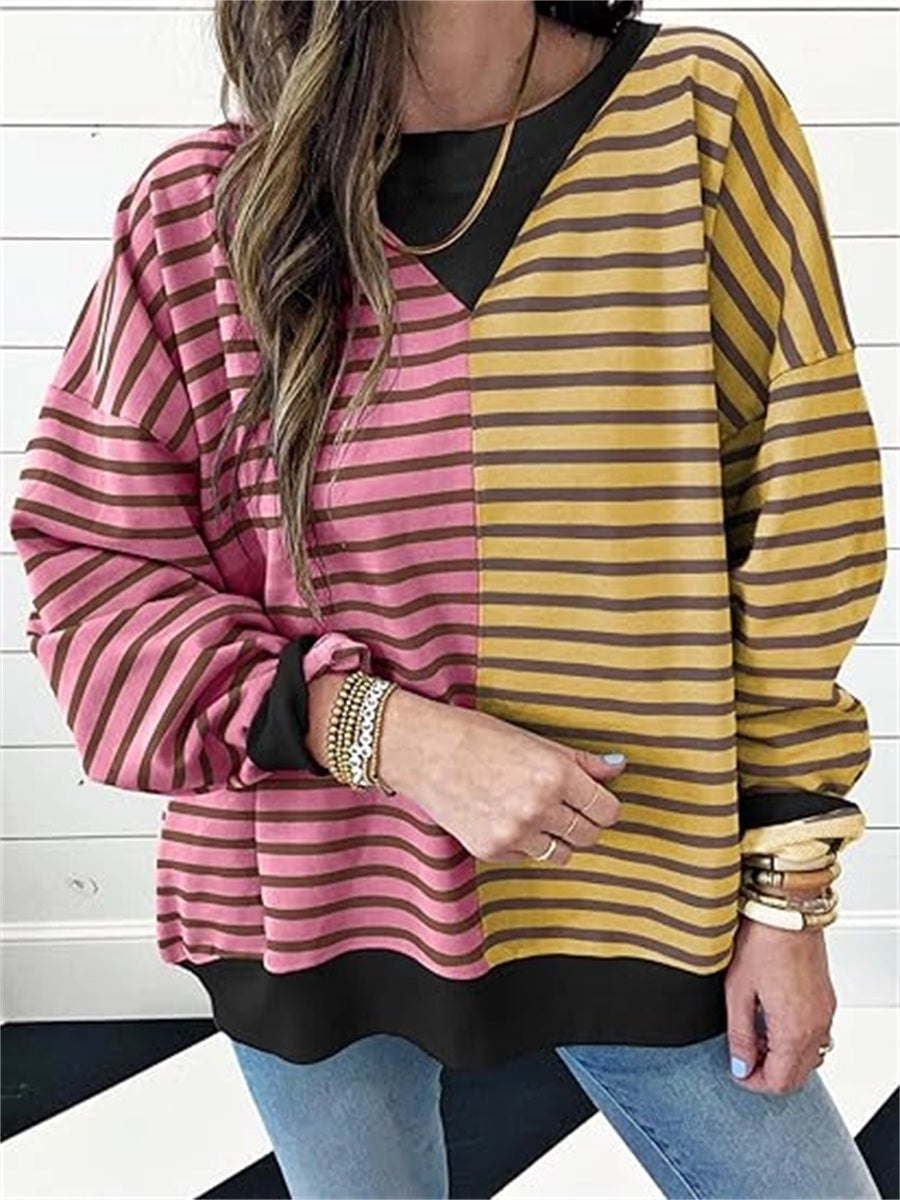 Women's Oversized Striped Color Block Crewneck Sweatshirt