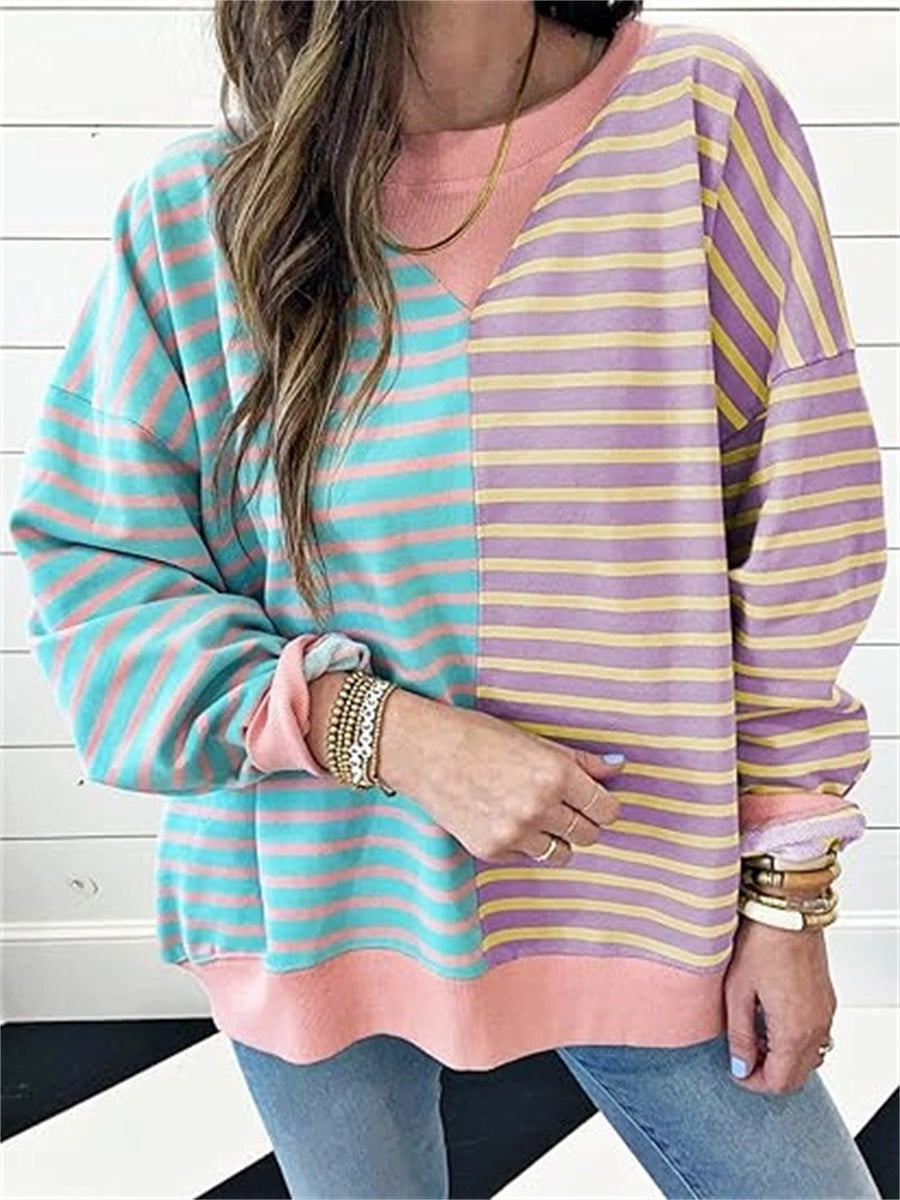 Women's Oversized Striped Color Block Crewneck Sweatshirt