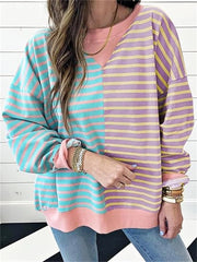 Women's Oversized Striped Color Block Crewneck Sweatshirt