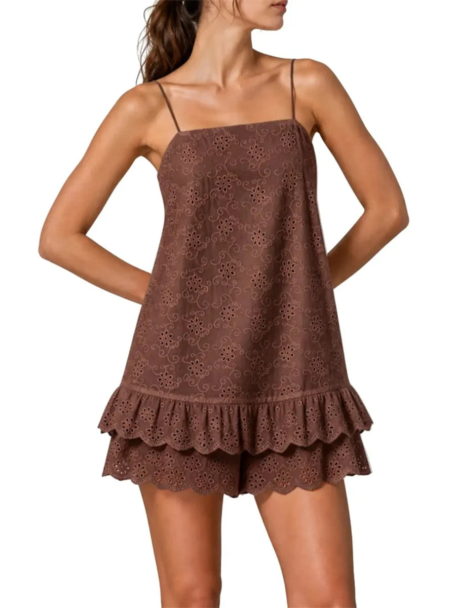 Women's Eyelet Spaghetti Strap Ruffle Romper