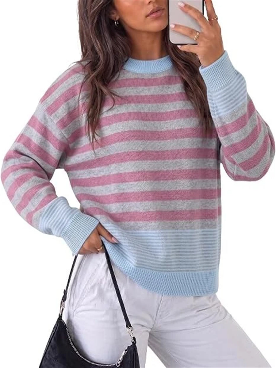 Women's Color Block Striped Oversized Crewneck Sweater