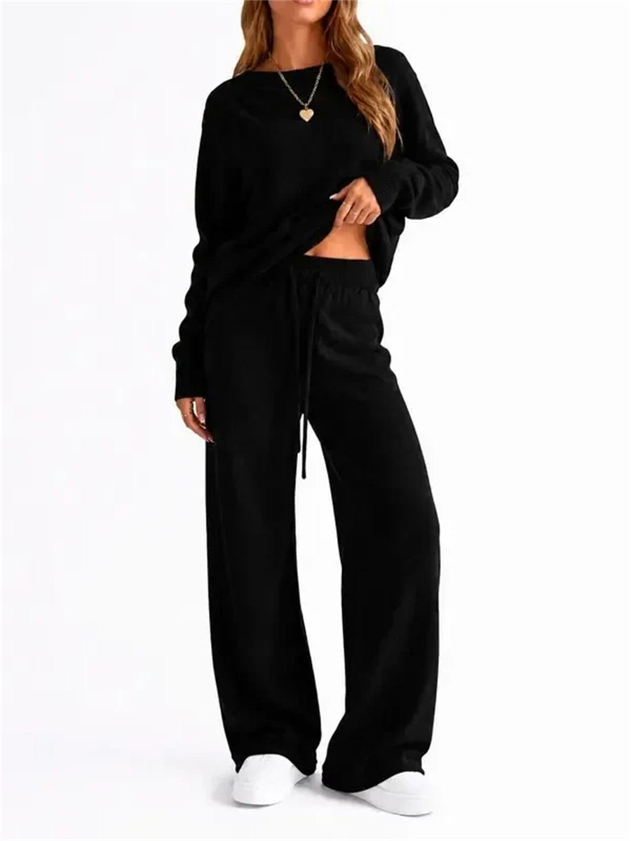 Women's Casual Knit Long Sleeve Top & Wide-leg Pants Matching Loungewear Set