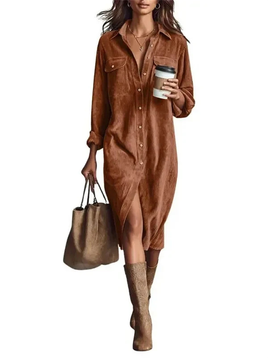 Women's Fall Lapel Long Sleeve Corduroy Button Down Shirt Midi Dress