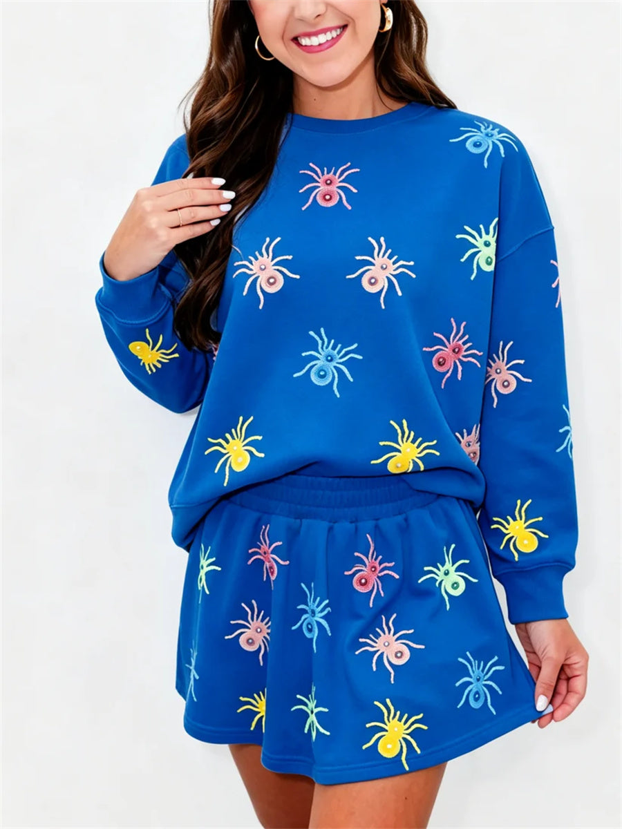 Women's Colorful Spider Long Sleeve Top & Skort Matching Outfit