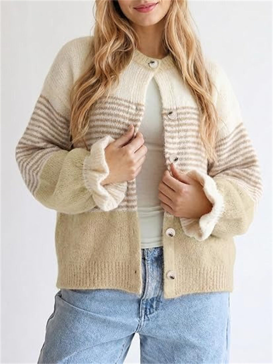 Women's Color Block Striped Ruffle Cuff Long Sleeve Cardigan