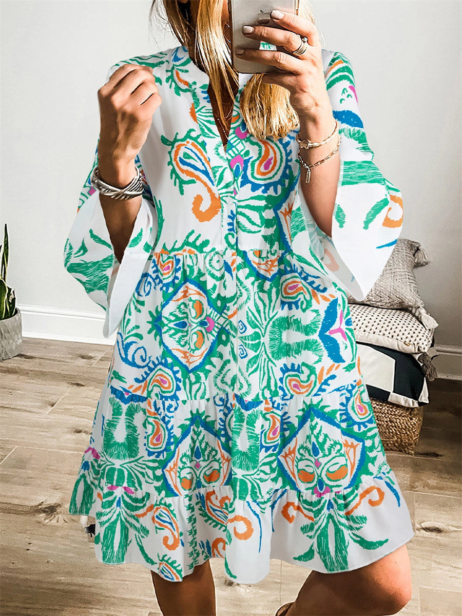 Women's Artistic Print Boho Button 3/4 Sleeve Tiered Babydoll Mini Dress