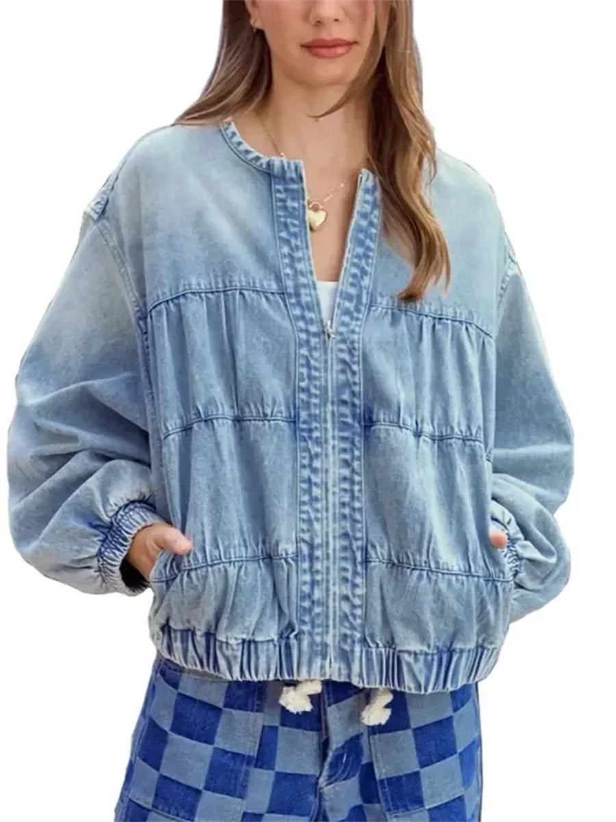 Women's Floral Print Washed Denim Zip Bomber Long Sleeve Jacket