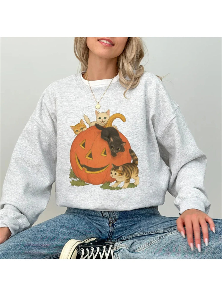 Women's Vintage Halloween Kitten Pumpkin Long Sleeve Casual Pullover