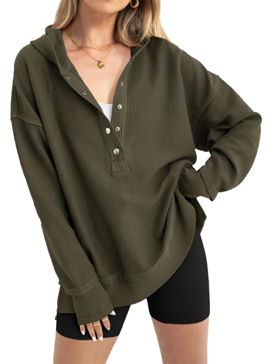 Women's Oversized Button Down V Neck Side Slit Hoodie