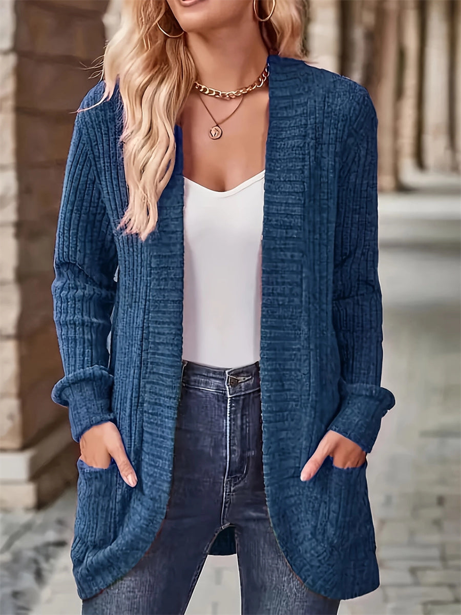Women's Open Front Casual Ribbed Knit Long Sleeve Cardigan with Pockets