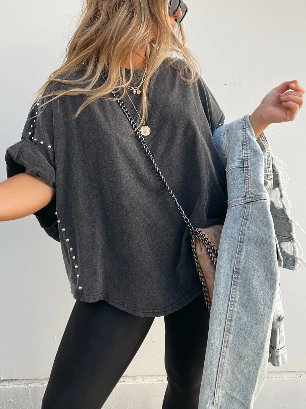 Washed Roll Sleeve Studded Oversized Short Sleeve Top