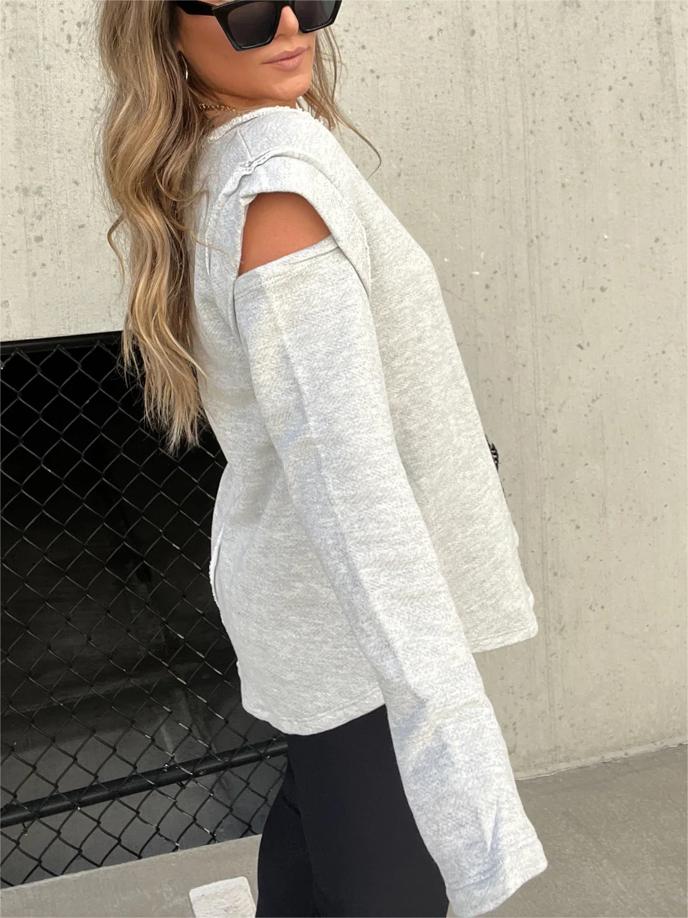 Cut Out Sleeve Raw Edge Solid Sweatshirt