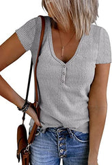 V-neck Button Temperament Short Sleeved Tops