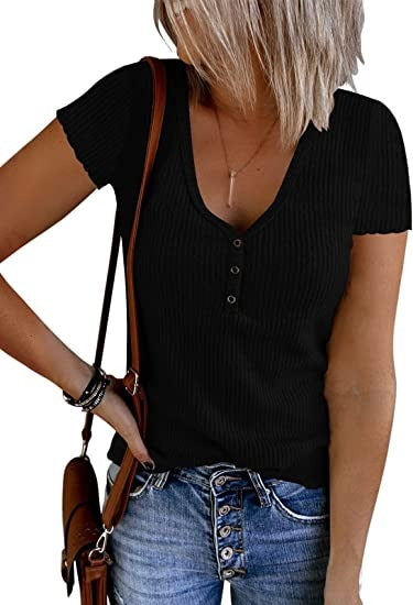 V-neck Button Temperament Short Sleeved Tops