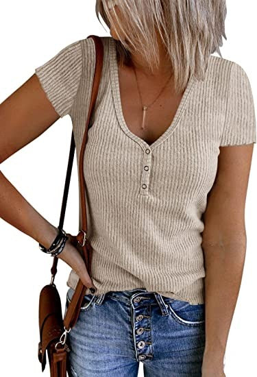 V-neck Button Temperament Short Sleeved Tops