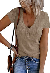 V-neck Button Temperament Short Sleeved Tops