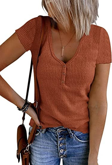 V-neck Button Temperament Short Sleeved Tops