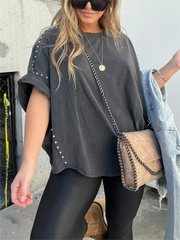 Washed Roll Sleeve Studded Oversized Short Sleeve Top