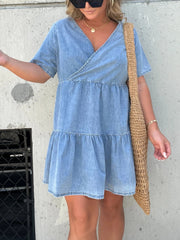 Denim Ruffle V-Neck Mini Dress