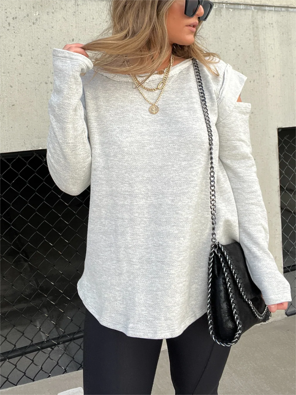 Cut Out Sleeve Raw Edge Solid Sweatshirt