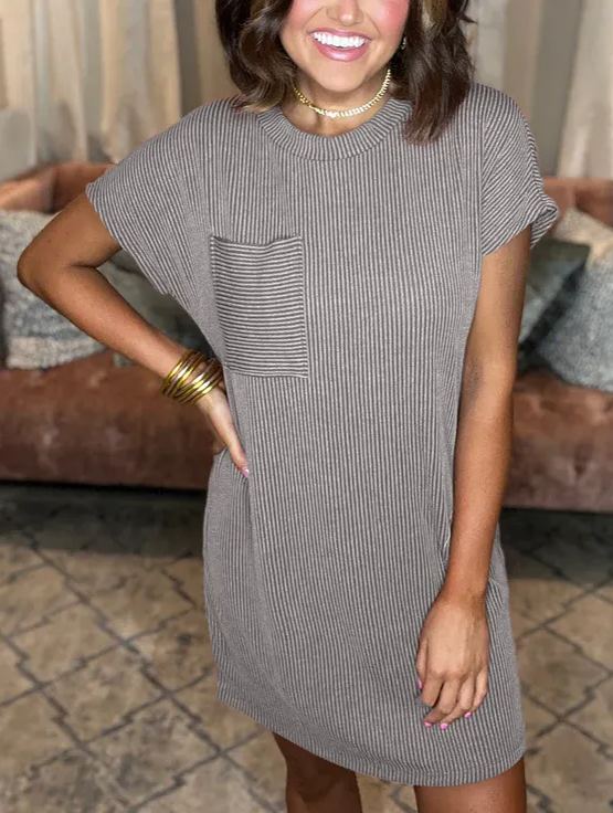 New In - Ribbed Round Neck Pocket Dress